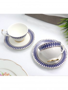 Porcelain 2 Cups & Saucers Gift Set Blue With Gift Box